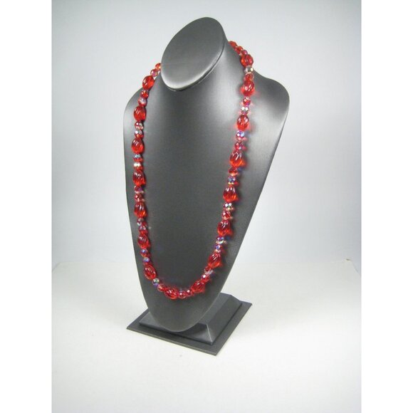 Red Plastic and Glass Beaded Necklace 31 in Vintage Strand Aurora Borealis READ - Picture 3 of 15